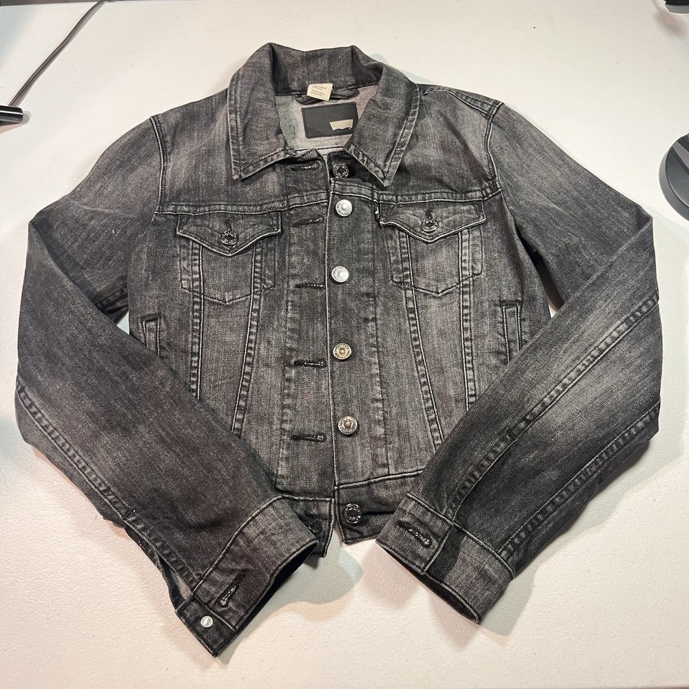Levi's Trucker Jacket Black Classic Denim Women's Size XS Distress Wash EUC